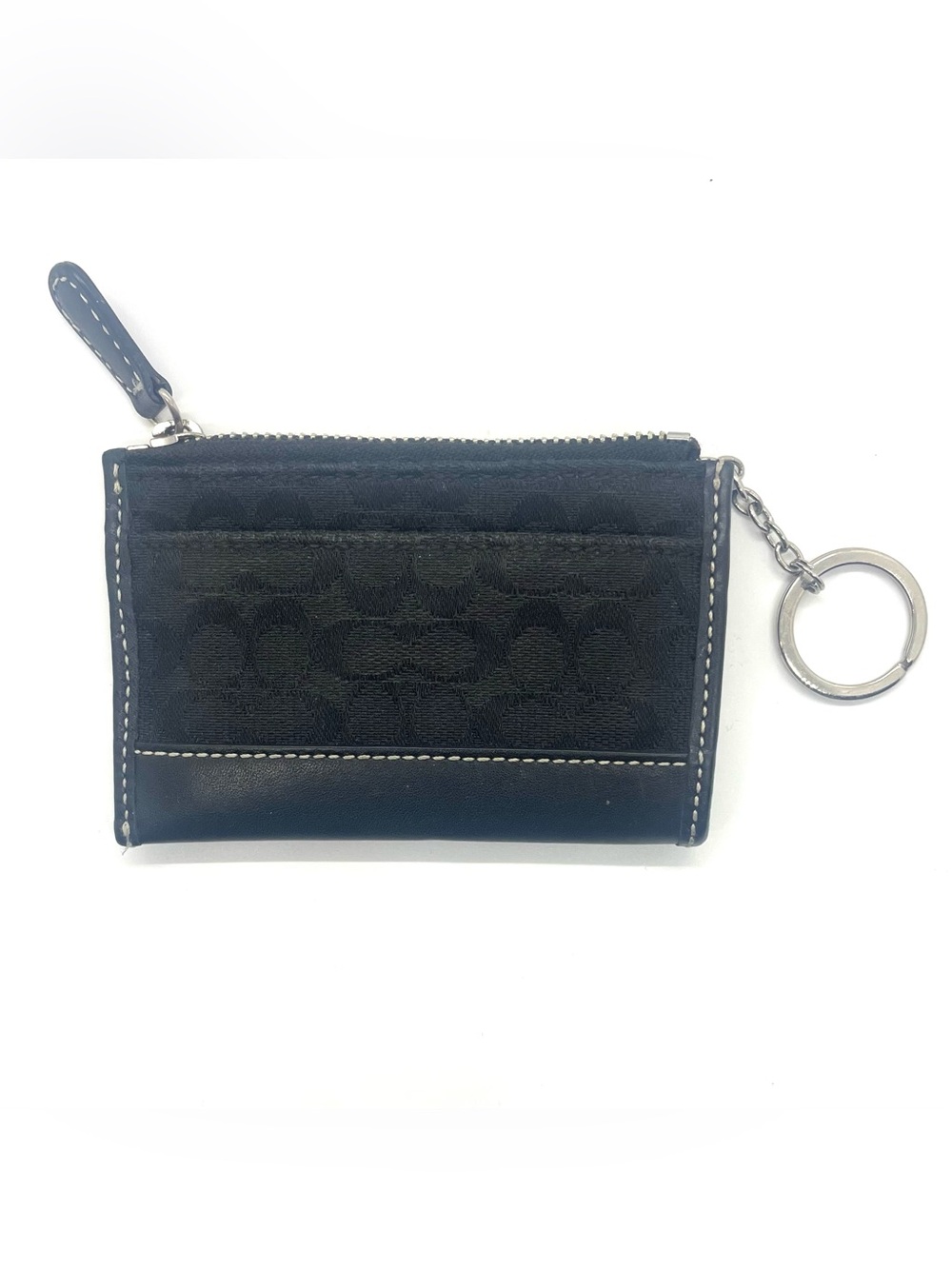 Coach Black Signature Zip Card Case Change purse with Keyring Black EUC